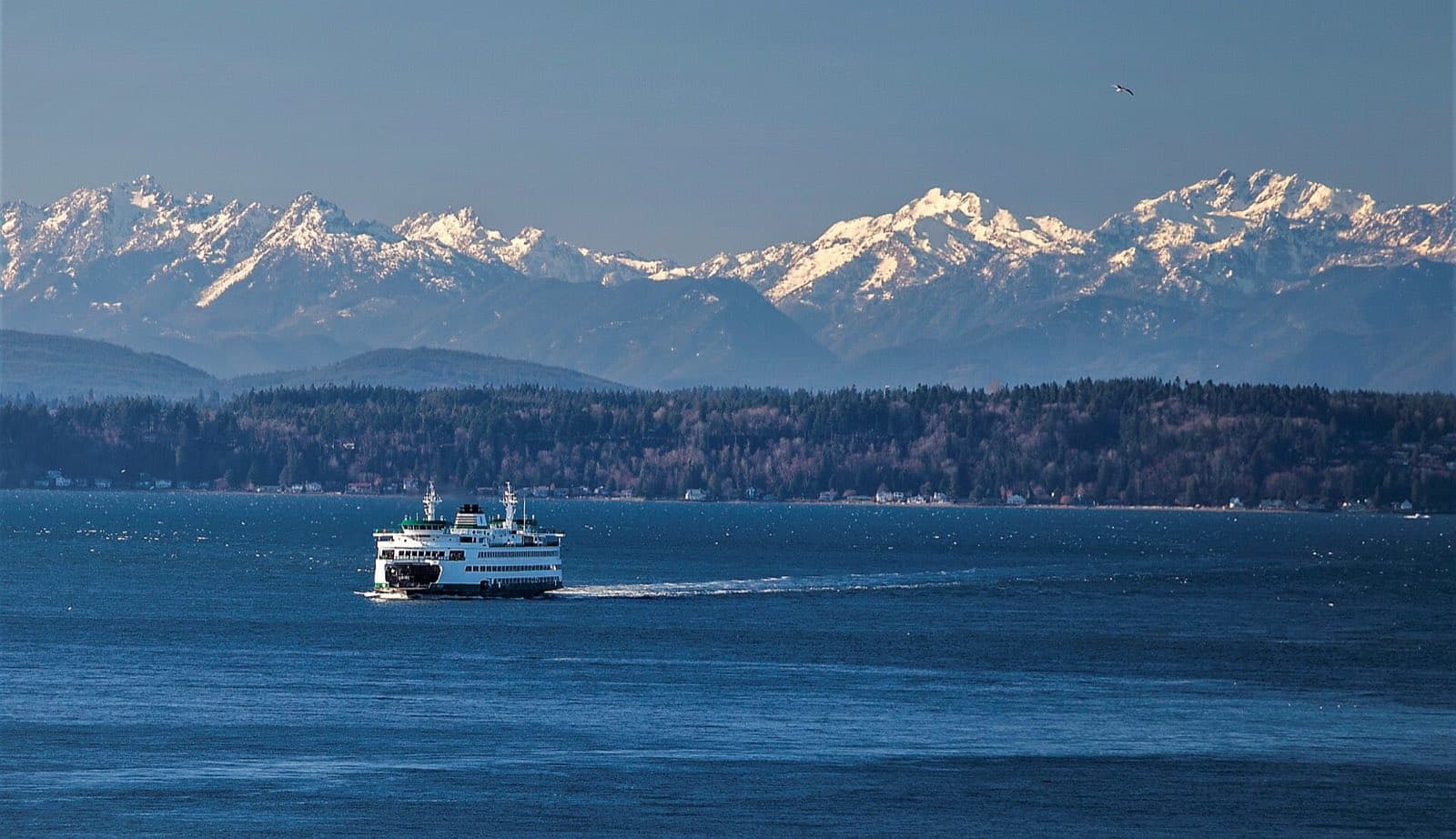 A Washington State ferry crossing deep blue Puget Sound beneath the snow-covered Olympic Mountains.