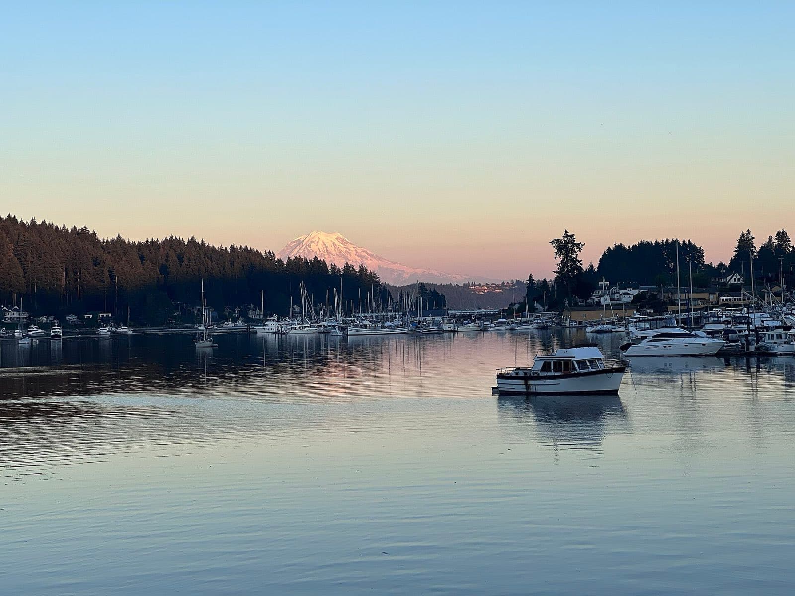 Boats on still water in Gig Harbor at dusk, with Mount Rainier glowing pink above the treeline.
